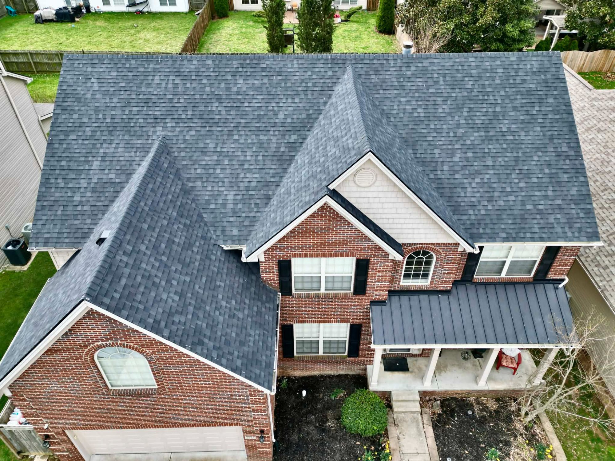 Roof & Metal Porch — Two-Story Brick Home — Rook Roofing & Restoration Ashland KY